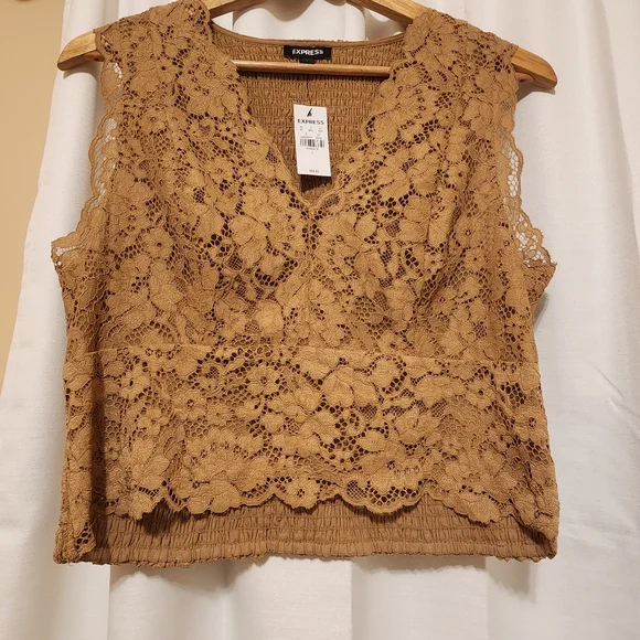 NEW Express Lace Smocked Back Sleeveless Blouse Dusty Gold - Picture 9 of 10